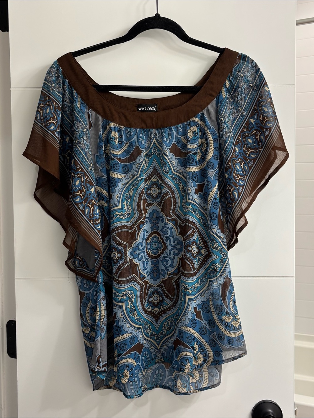 Wet Seal y2k blue & brown paisley print sheer blouse